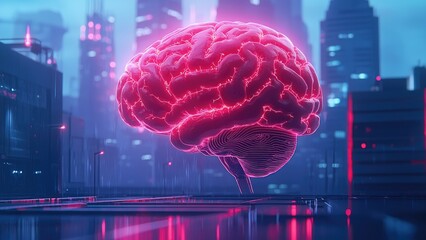 Poster - A futuristic brain illuminated in neon pink hovers above a reflective surface in a vibrant, cyberpunk cityscape.