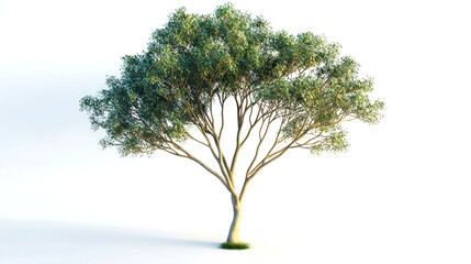 A single, green-leaved tree with a brown trunk against a white background.