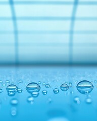 Poster - Close-up of water droplets on a blue surface, creating a serene and refreshing atmosphere with a soft background texture.