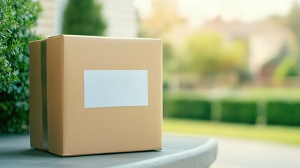 A brown delivery box with blank label rests on a table with greenery in the background, indicating a successful package delivery.