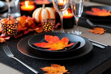 Wall Mural - Thanksgiving table decorated with candles, gourds, and autumn leaves, creating a cozy and festive atmosphere for the holiday feast