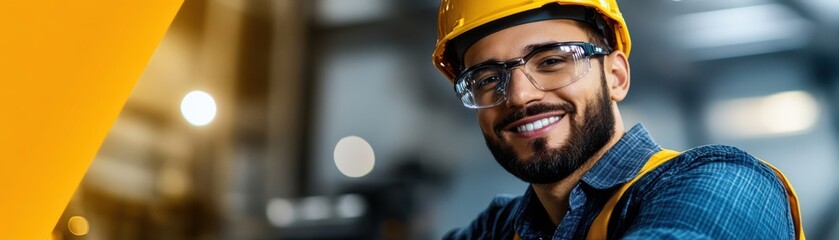 Smiling worker in safety gear, standing confidently in a construction site.