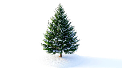 A snow-covered evergreen tree stands tall against a white background.