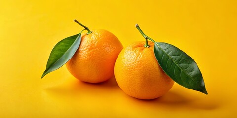 A Vibrant Still Life of Two Citrus Fruits with Lush Green Leaves on a Sunny Yellow Background