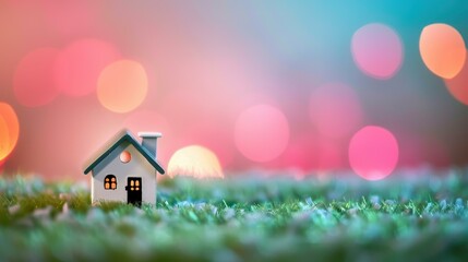 A quaint house model on lush grass, complemented by a soft bokeh background, embodying nature and real estate.