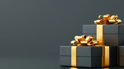 Elegant gift boxes in black paper and gold ribbon stand out against a dark backdrop, perfect for any occasion.