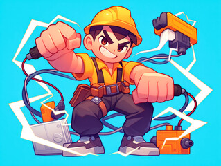 Cartoon electrician character with tools, wires, and sparks.