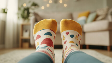 A cozy indoor scene focuses on two feet dressed in colorful, patterned socks, celebrating National Sock Day. The close-up shot highlights the fun, bold designs of the socks, contrasting with the