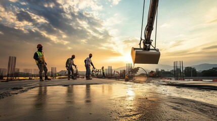 Poster - An atmospheric view of construction workers pouring concrete for a new highway interchange under a clear blue sky, Highway interchange construction scene, Transportation infrastructure style