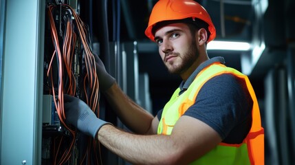 Aufkleber - An electrical engineer in a neon safety vest and helmet, holding a set of electrical wires and standing in front of an electrical panel, Construction site scene