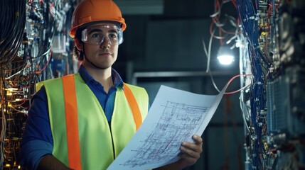 Aufkleber - An electrical technician in a neon safety vest and helmet, holding a multimeter, with electrical panels and wiring visible in the background