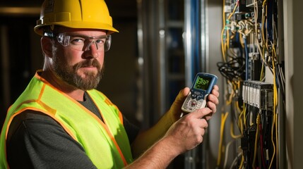 Aufkleber - An electrical technician in a neon safety vest and helmet, holding a wiring diagram and standing in front of a complex network of electrical circuits, Construction site scene