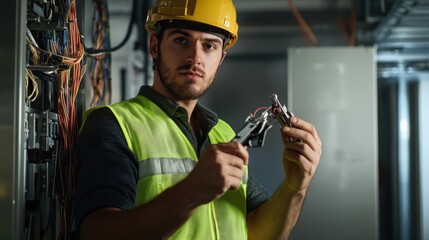 Aufkleber - An electrical technician in a reflective vest and helmet, holding a pair of wire strippers and standing in front of an electrical panel, Construction site scene
