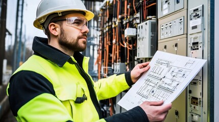 Poster - An electrician in a hard hat and high-visibility jacket, holding a wiring diagram, with electrical panels behind