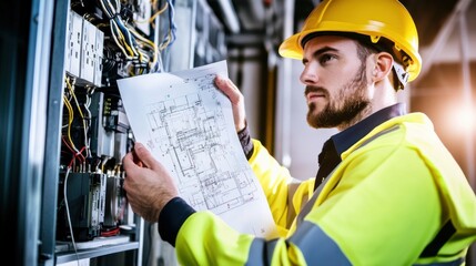 Poster - An electrician in a hard hat and high-visibility jacket, holding a wiring diagram, with electrical panels behind