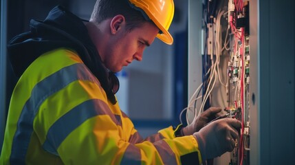 Poster - An electrician in a high-vis jacket, working on a panel, with wires and tools around