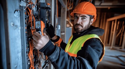 Aufkleber - An electrician in a high-visibility vest and helmet, holding a circuit tester and standing in front of a complex network of electrical panels, Construction site scene