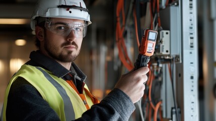 Poster - An electrician in a reflective vest and helmet, holding a voltage tester, with electrical panels and wiring visible in the background