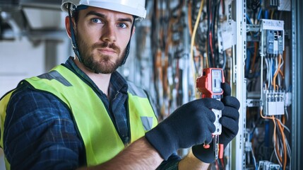 Poster - An electrician in a reflective vest and helmet, holding a voltage tester, with electrical panels and wiring visible in the background