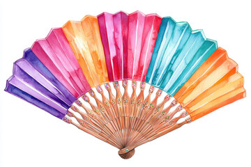 A vibrant, multi-colored folding fan displaying an artistic gradient blend of pink, blue, and orange hues.