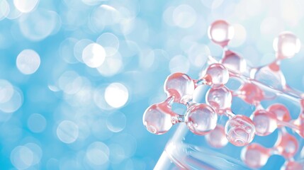Poster - A close-up of a glass filled with water and molecular structures, set against a shimmering blue background.
