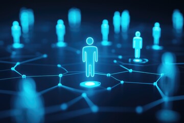 Poster - A digital network of glowing human figures interconnected, symbolizing communication or social connections in a tech-inspired environment.