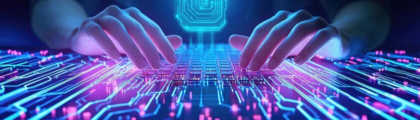Poster - Human Hands Typing on a Keyboard Intertwined with AI Circuits The Future of Interaction
