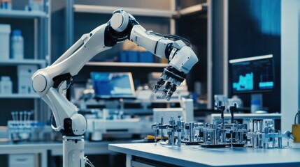 Poster - An innovative robotics laboratory with futuristic equipment and robotic prototypes, Robotics lab scene, Technological advancement style