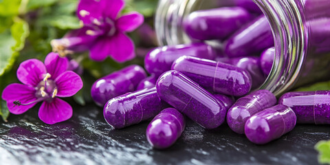 Poster - Purple pills spilling from a glass bottle with purple flowers