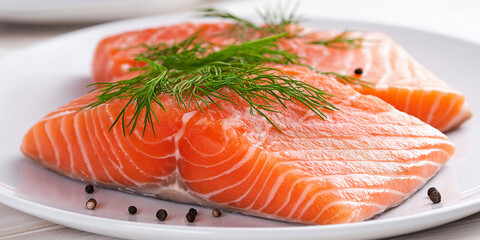 Fresh salmon fillet garnished with dill and peppercorns on white plate