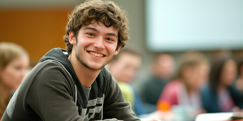 Poster - Handsome male student smiling during class lecture at university
