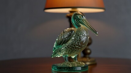 Wall Mural - A green glass pelican figurine sits on a wooden table under a warm lamp.