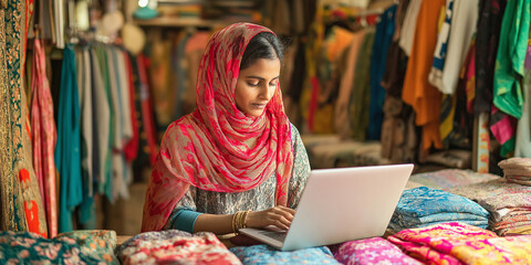 Indian woman managing textile shop using laptop computer