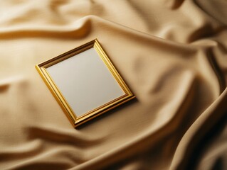 An empty golden frame lies on smooth, luxurious satin fabric, evoking elegance and timeless beauty.