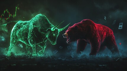 Digital bull and bear standoff stock market theme