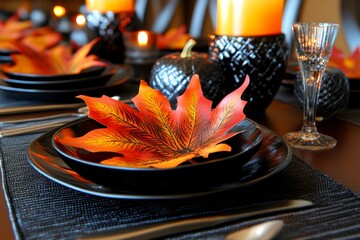 Thanksgiving dinner table set with festive decorations, featuring autumn leaves, pumpkins, candles, and homemade dishes ready for a feast