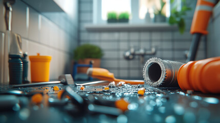 plumber is working on leaky pipe under sink, surrounded by tools and scattered materials. scene captures essence of plumbing work with focus on details of workspace