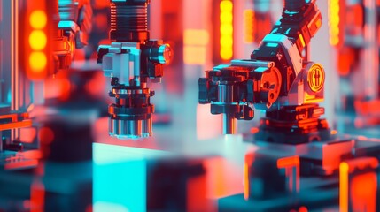 Poster - Robotic Arms in Action within Vibrant Industrial Space