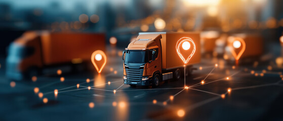 Efficient transportation network with trucks moving on digital road, showcasing connectivity and logistics. scene highlights modern technology in freight movement