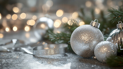 Silver Christmas Ornaments with Bokeh Lights.