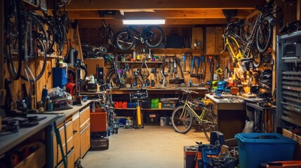 Poster - A bustling urban bike workshop with cycling tools and custom-built bicycles, Bicycle craftsmanship and repair style, photo of