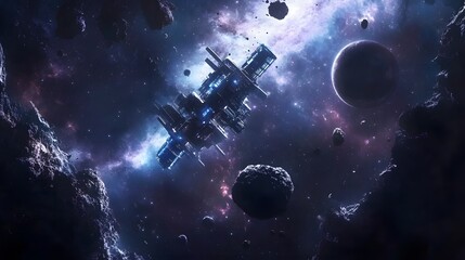 Aufkleber - A dazzling space scene featuring a futuristic spacecraft floating among asteroids and planets, illuminated by a colorful cosmic backdrop.
