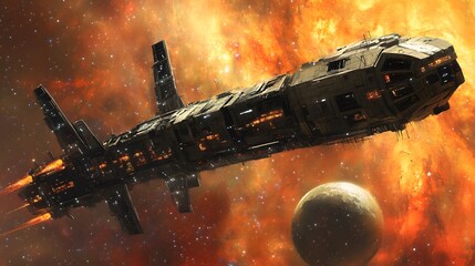 Poster - A futuristic spacecraft navigates through a vibrant cosmic backdrop, featuring fiery hues and a distant planet, illustrating the grandeur of space exploration.