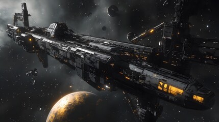 Poster - A futuristic spaceship navigates through a cosmic scene filled with asteroids and a distant planet, showcasing advanced technology and deep space exploration.