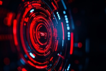futuristic digital interface with glowing red and blue elements on dark background.
