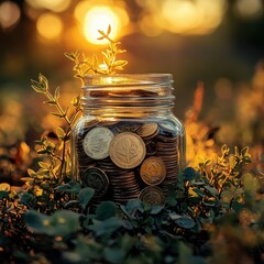 A glass jar filled with coins sits in a field, illuminated by golden sunlight, symbolizing wealth and growth in a serene natural setting.