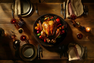 A beautifully arranged dinner table featuring a roasted turkey and colorful vegetables. Thanksgiving background images and wallpaper.