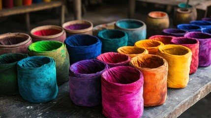 Poster - A carefully arranged textile dyeing and fabric design studio, Dye pots and textile samples in vibrant colors, Artistic textile design style