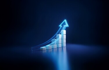 Poster - a glowing blue arrow ascends a bar graph made of white cubes against a dark blue background.