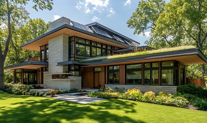 Aufkleber - A modern house with large windows and a landscaped yard surrounded by trees, featuring a unique architectural design and a green roof.